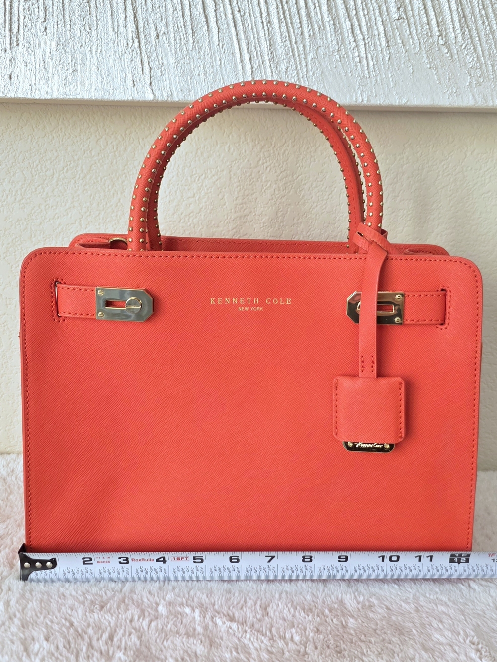 π§‘ Kenneth Cole Coral Orange Top Handle Gold Studded Tote Bag Detachable Strap - Picture 11 of 13